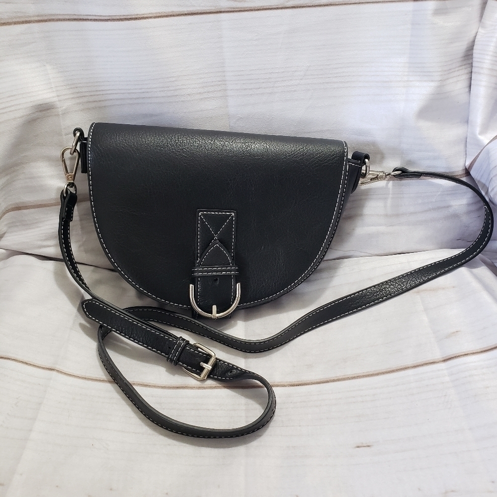 Urban Outfitters Black Vegan Leather Biker Crossbody Bag Saddle Bag Semi Circle